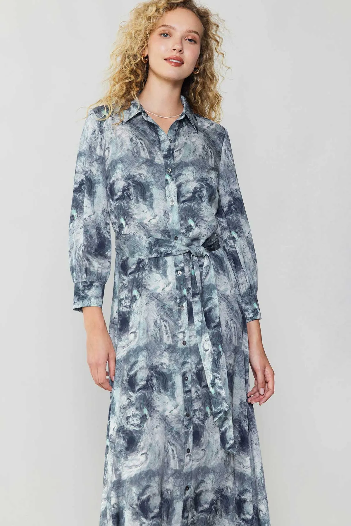 Abstract Printed Button Down Shirt Midi Dress in grey multi by Current Air