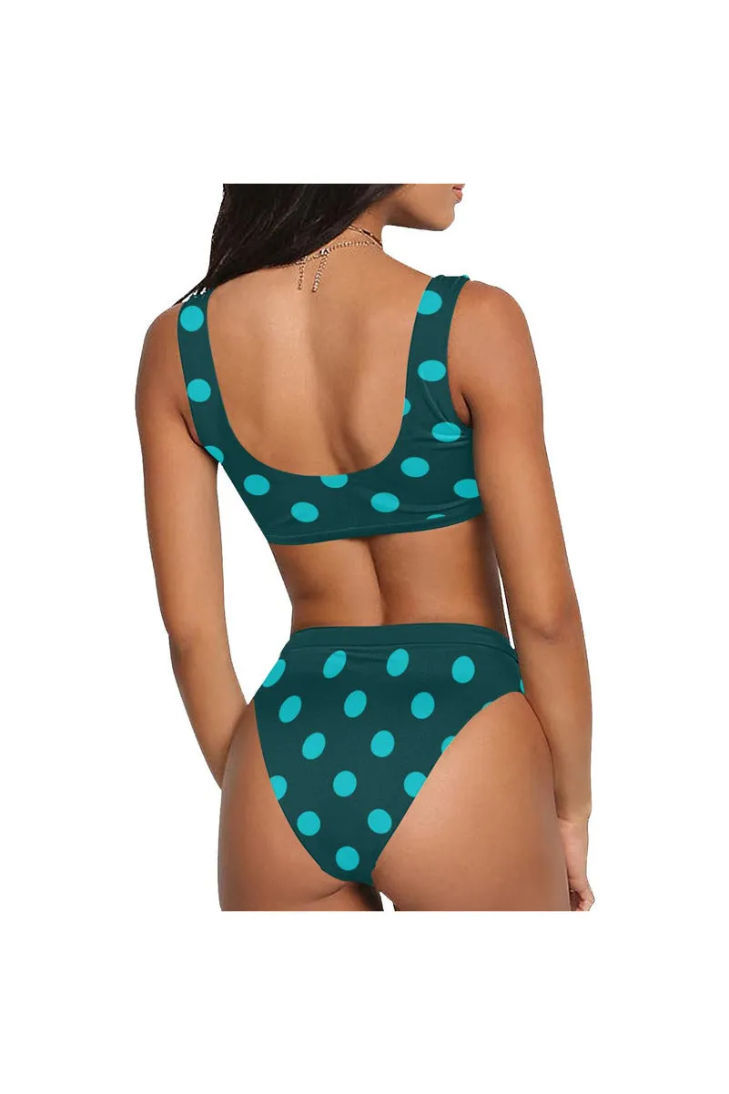 Aqua Polka-dots Sport Top & High-Waist Bikini Swimsuit