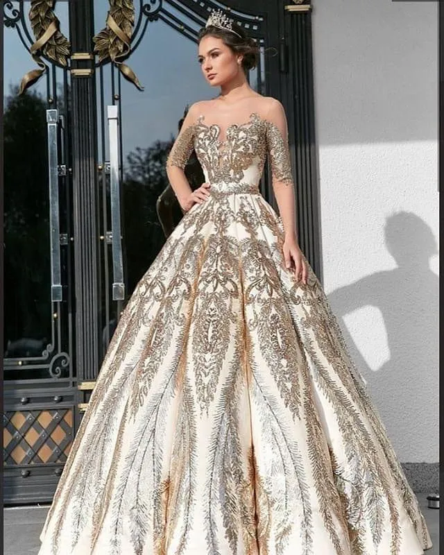 Ball Gown Long Sleeve Lace Appliques Prom Dresses Beads Long Wedding Dress