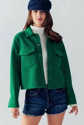 Bella Snap Button Semi Crop Teddy Jacket in Green