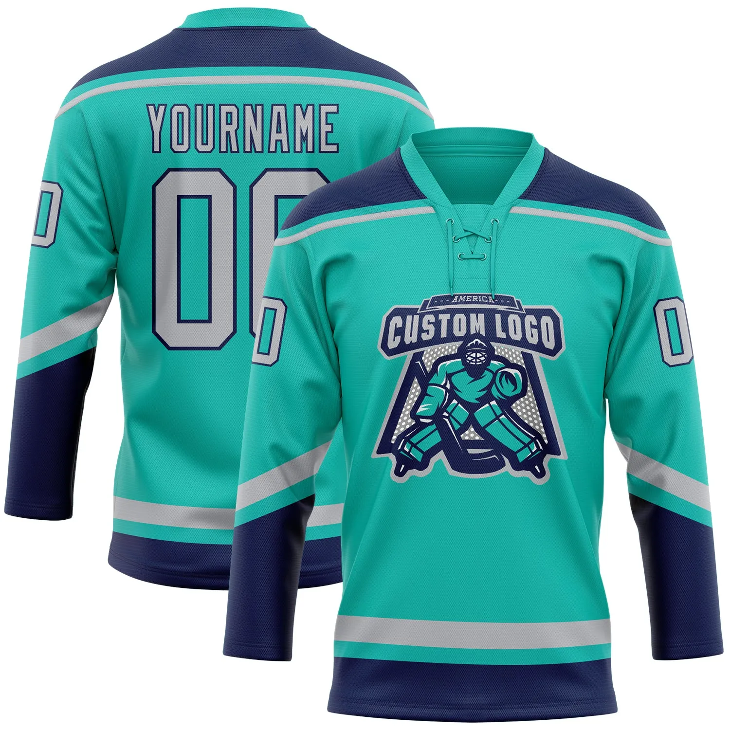 Custom Aqua Gray-Navy Hockey Lace Neck Jersey