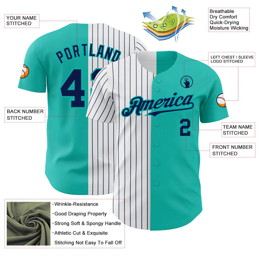 Custom Aqua White-Navy Pinstripe Authentic Split Fashion Baseball Jersey