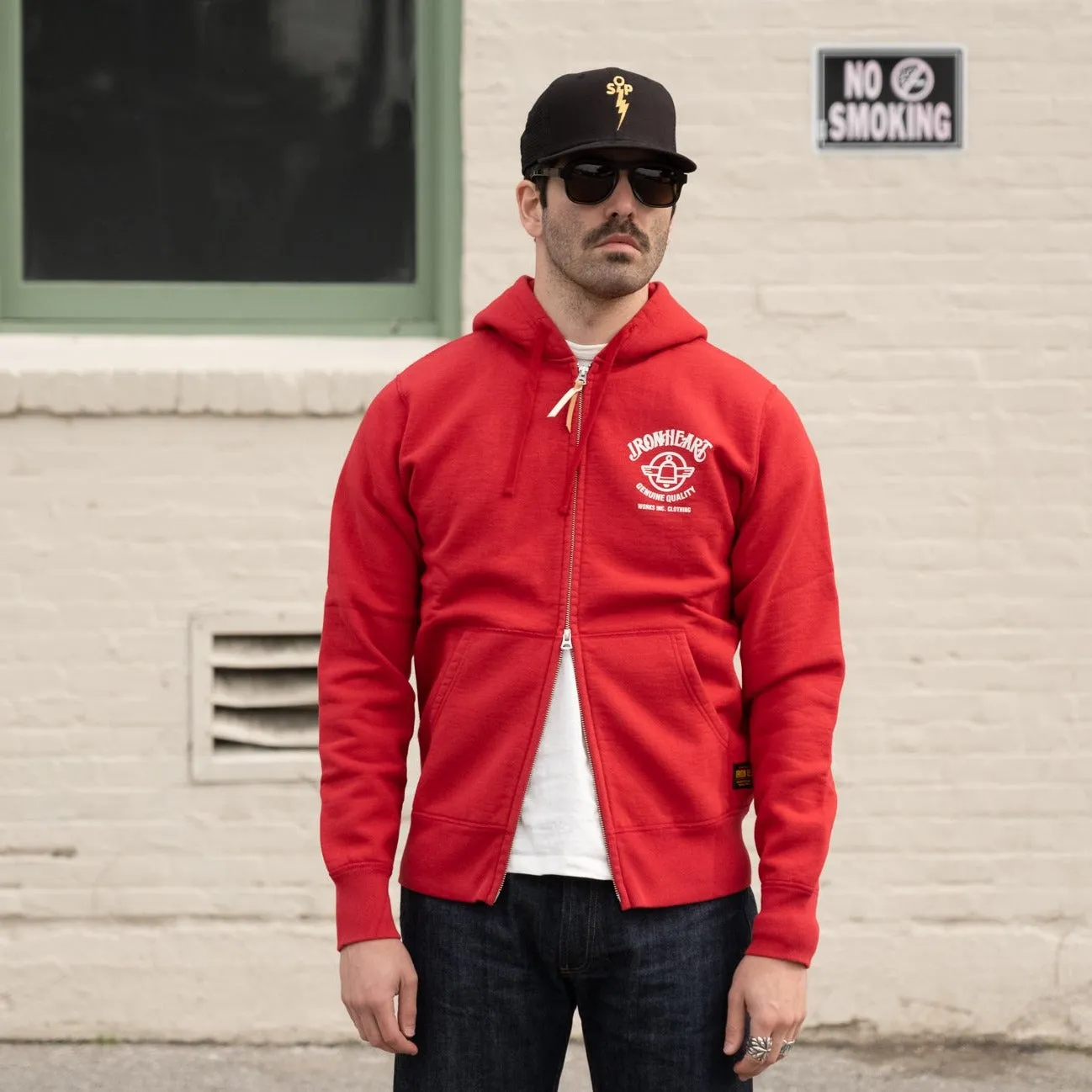 Iron Heart IHSW-65-RED 14oz Ultra Heavyweight Loopwheel Cotton Zippered Hoodie Red FINAL SALE