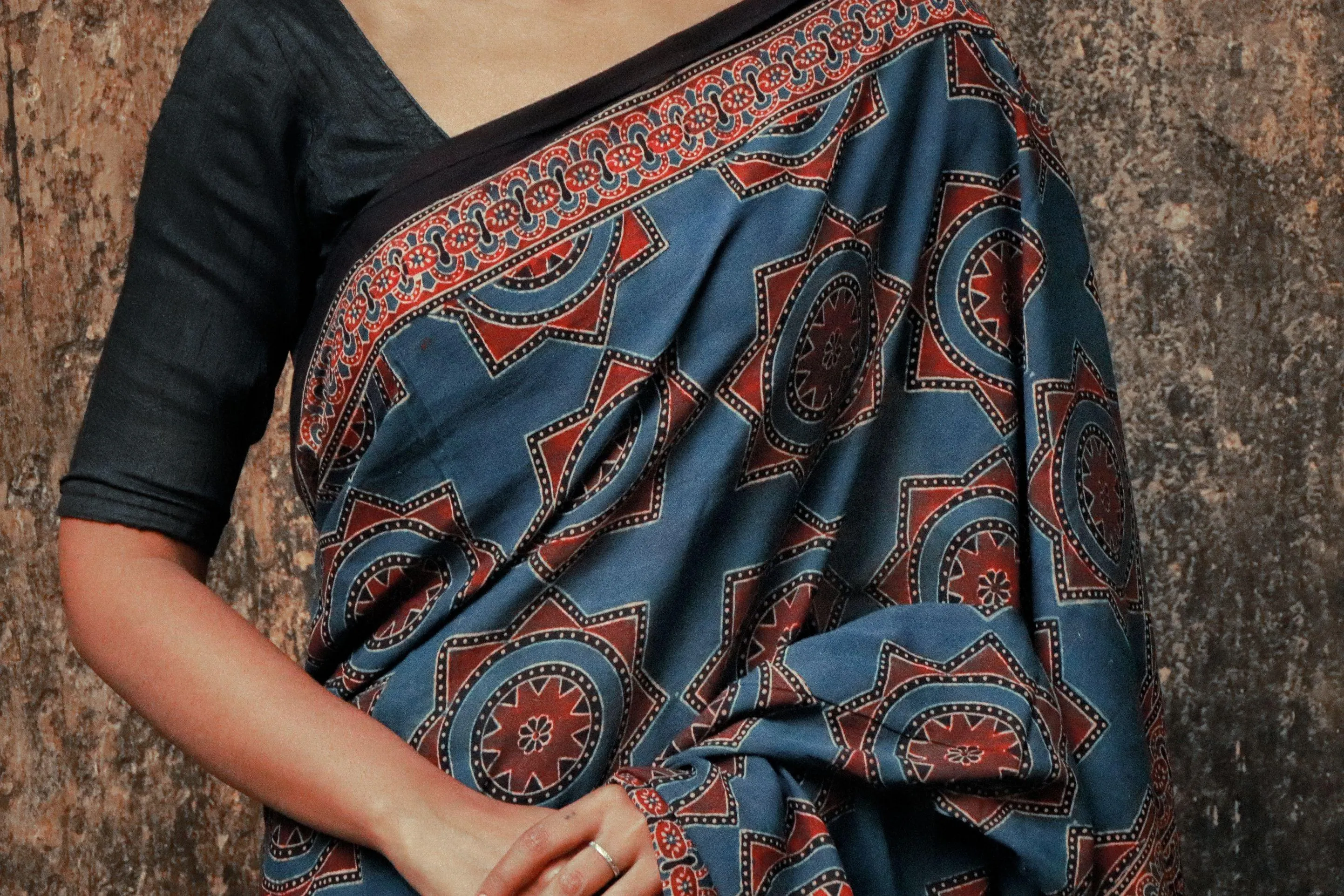 Jharokha - Indigo Ajrakh handblockprinted saree