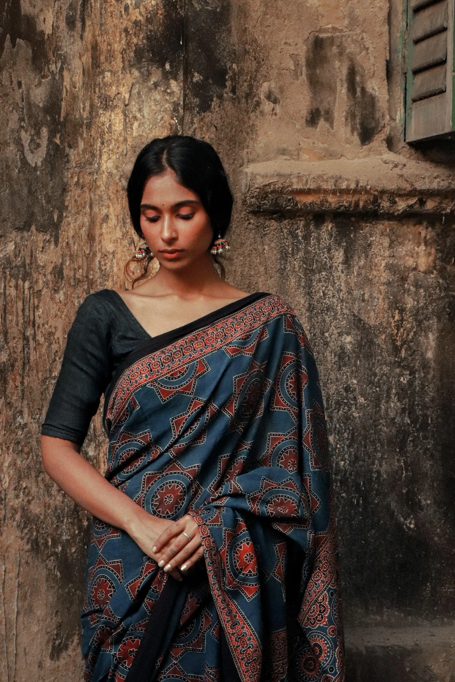 Jharokha - Indigo Ajrakh handblockprinted saree