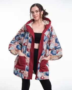 Leaves Print Cotton Hoodie Kimono Cardigan in Red