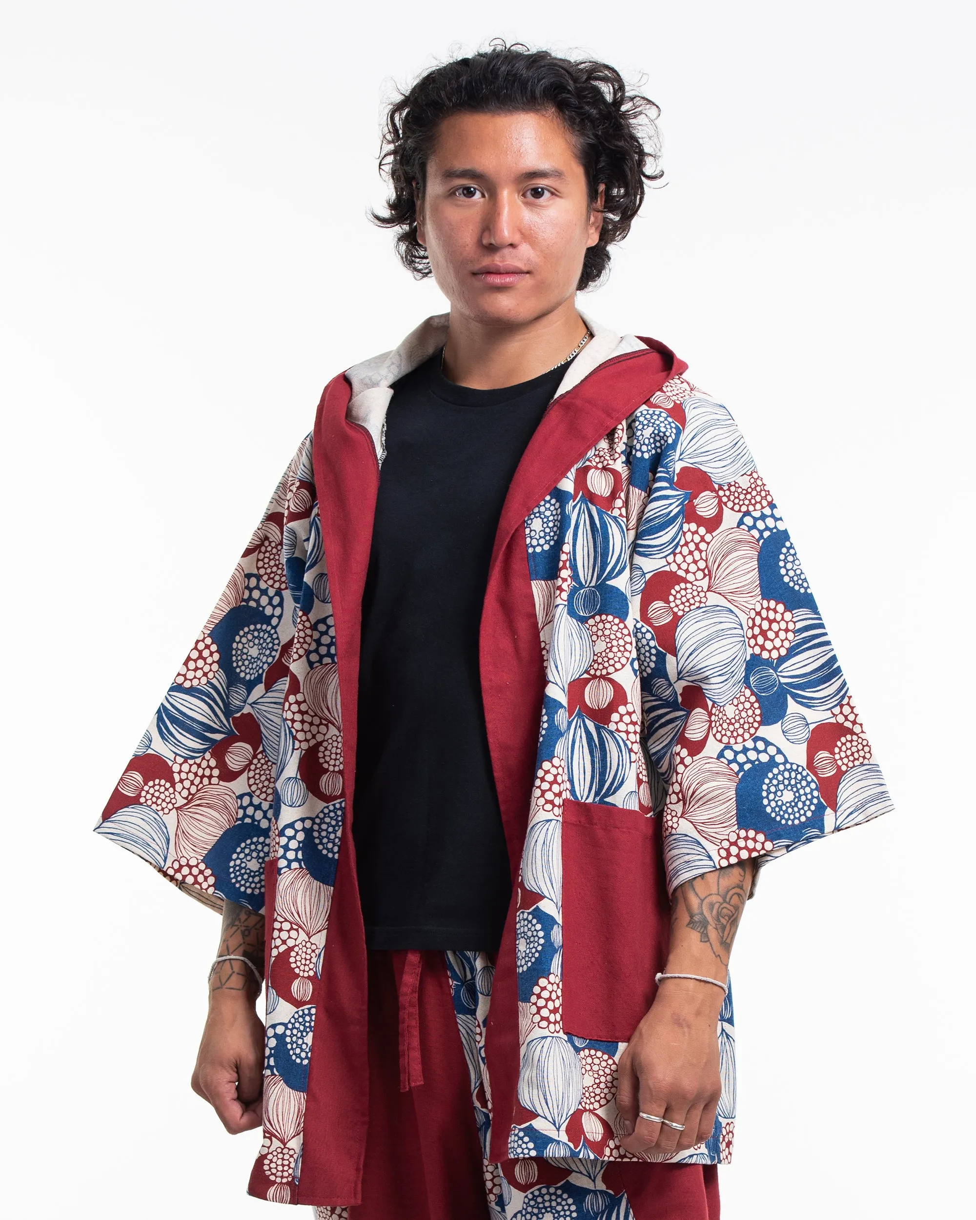 Leaves Print Cotton Hoodie Kimono Cardigan in Red