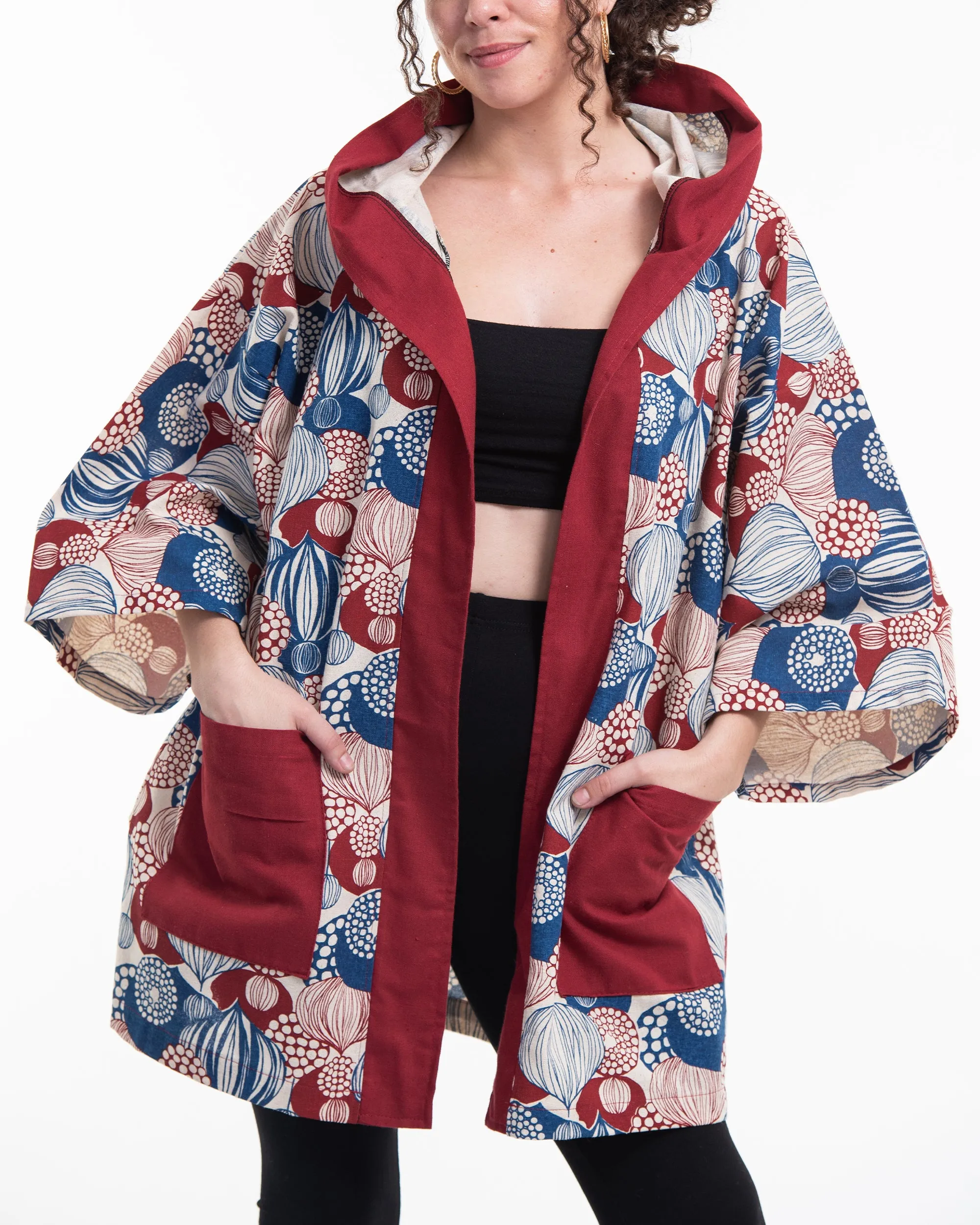 Leaves Print Cotton Hoodie Kimono Cardigan in Red