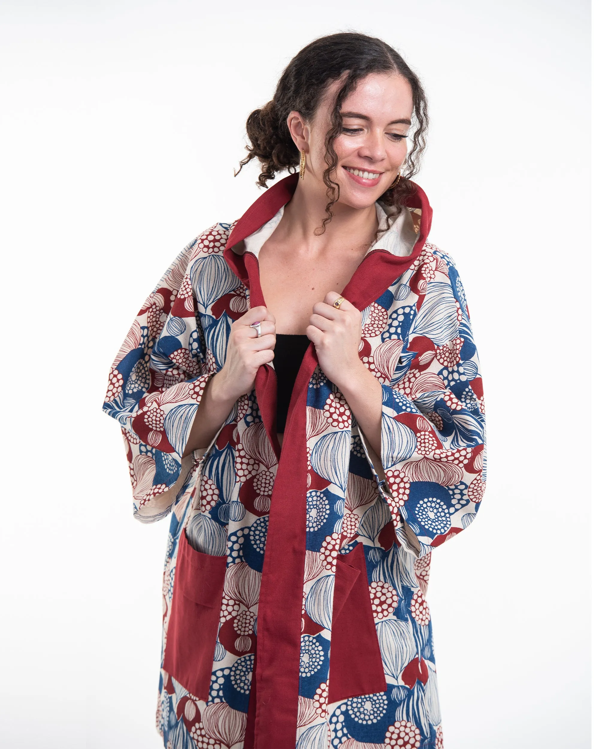 Leaves Print Cotton Hoodie Kimono Cardigan in Red