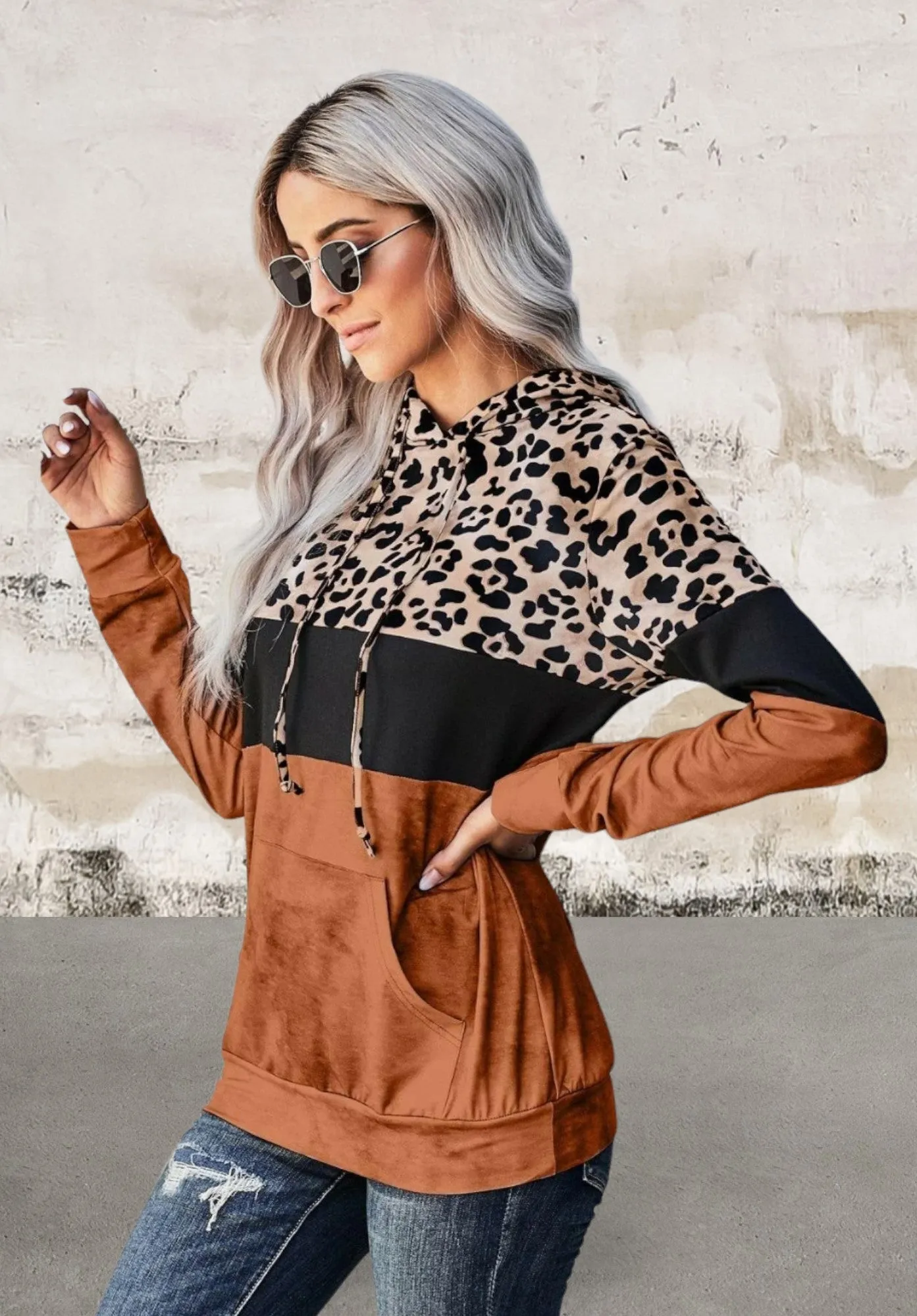 Long sleeve leopard colorblock hoodie