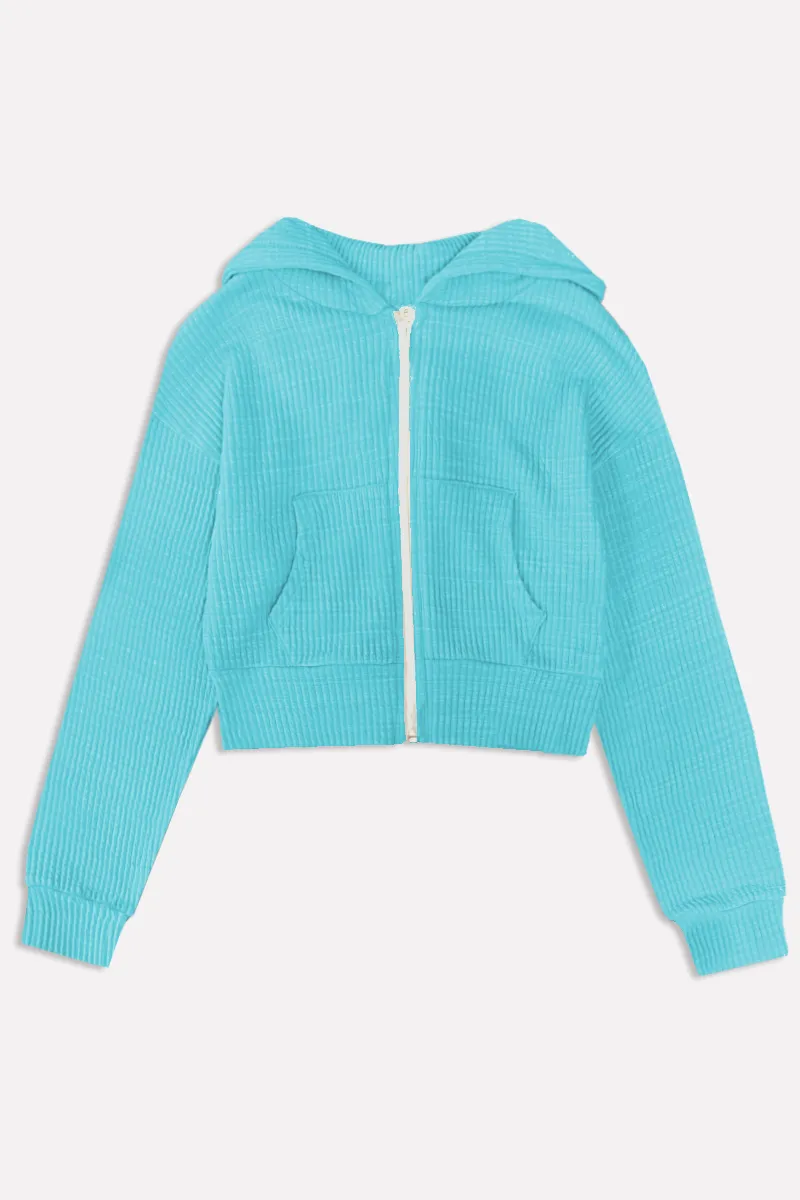 Luxe Ribbed Drop Shoulder Cropped Zip Hoodie - Pop Turquoise