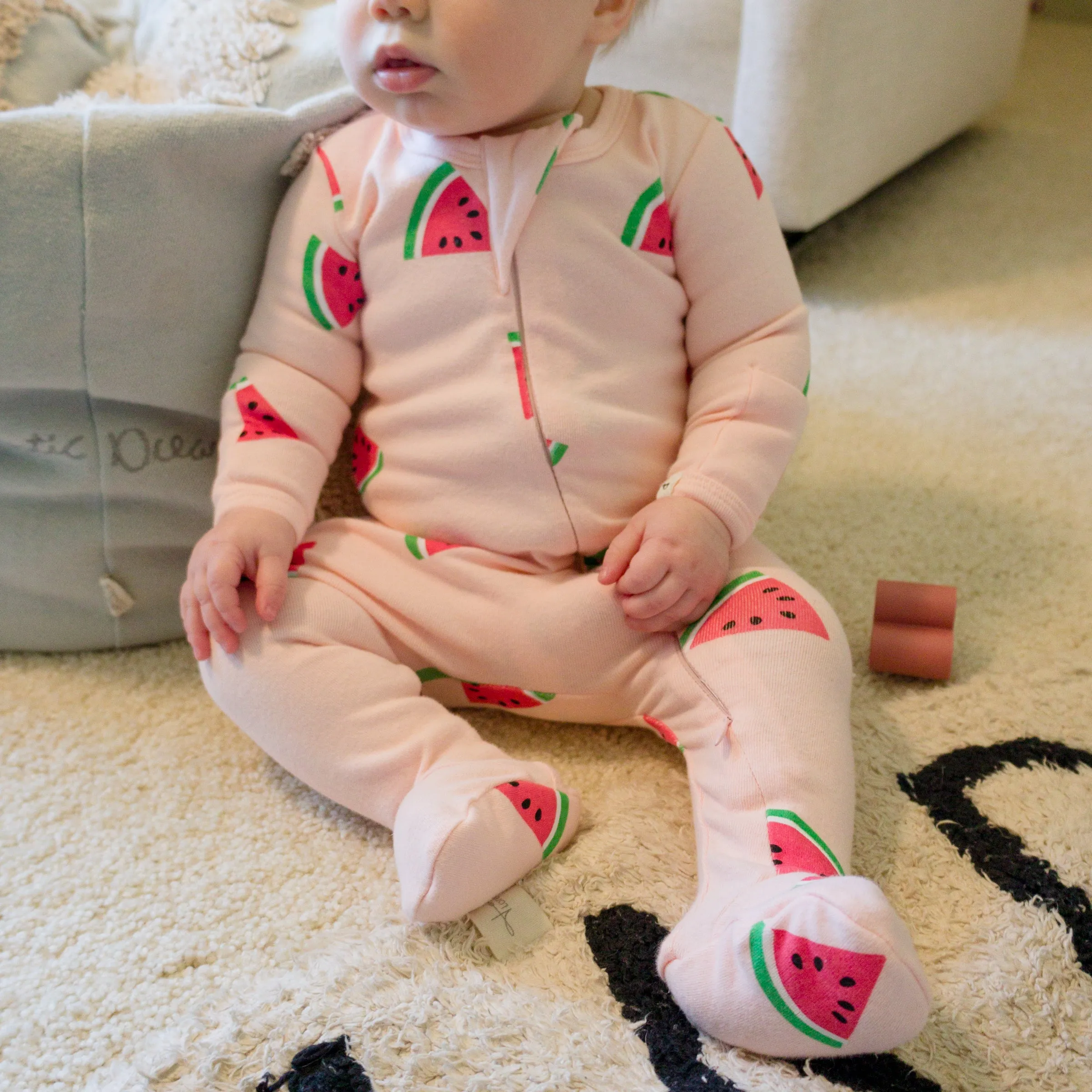 oh baby! Cotton Baby Rib Zipper Footie - Watermelon Print - Pink