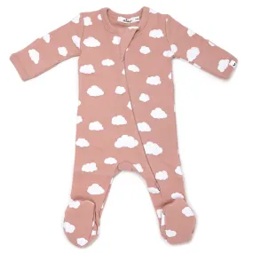 oh baby! Zipper Footie Baby Rib - White Clouds Print - Blush