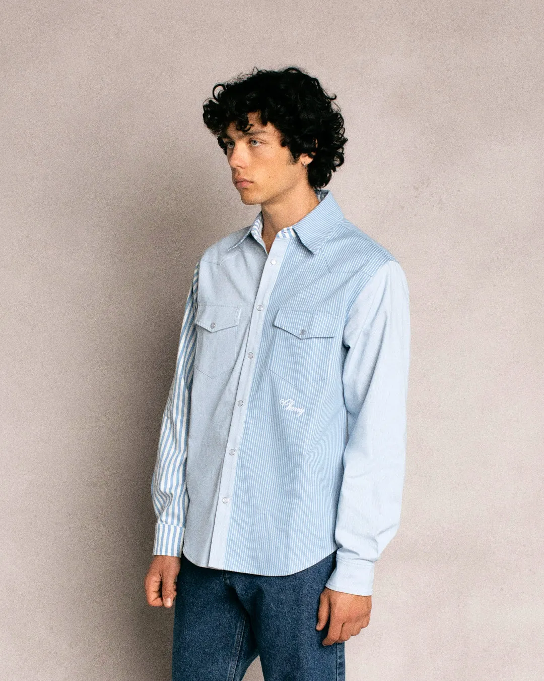 Patchwork Western Shirt (Blue/White)