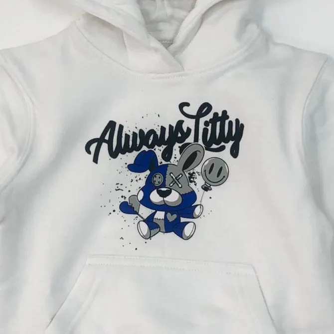 Premium Kid's Always Litty Graphic Pullover Hoodie - White/Royal Blue