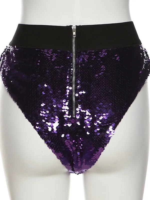 Sequins Elastic Waist Zipper Shorts