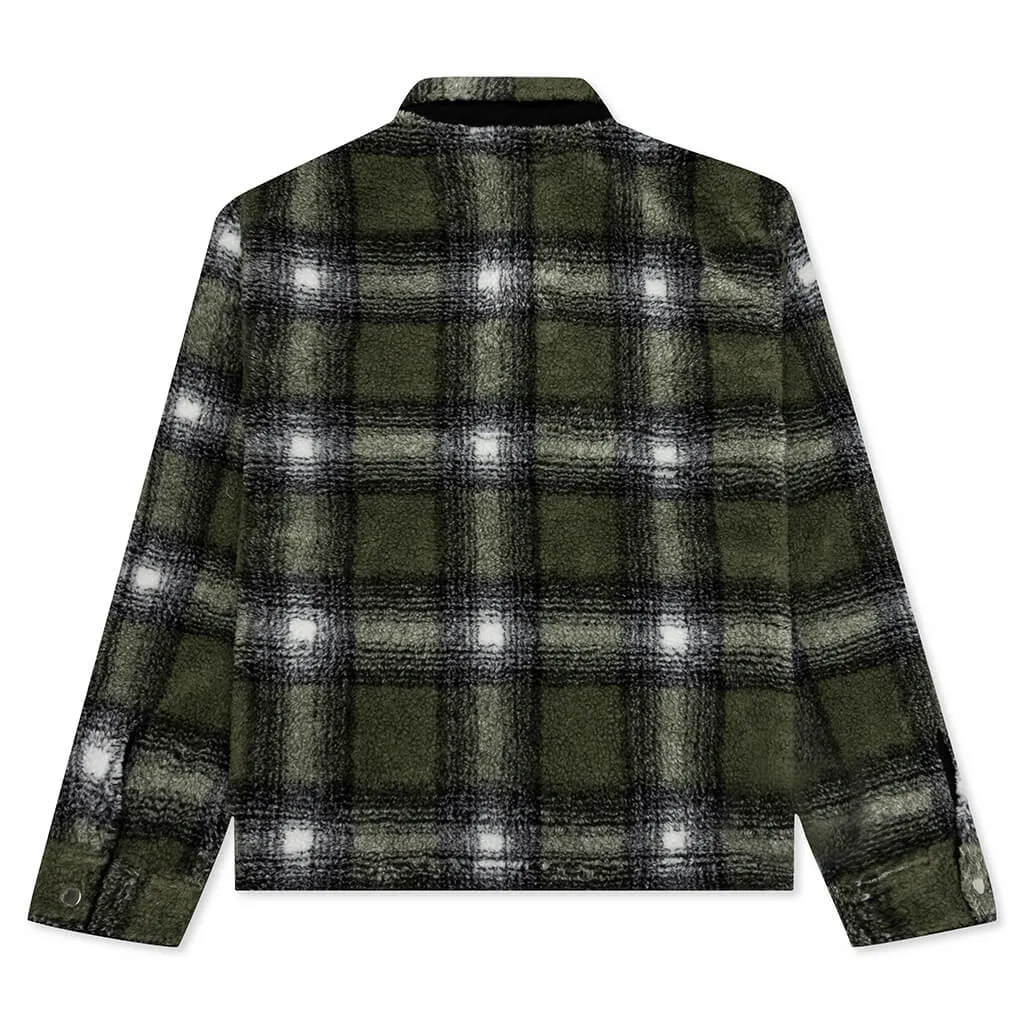 Shadow Plaid Sherpa Zip Shirt - Olive