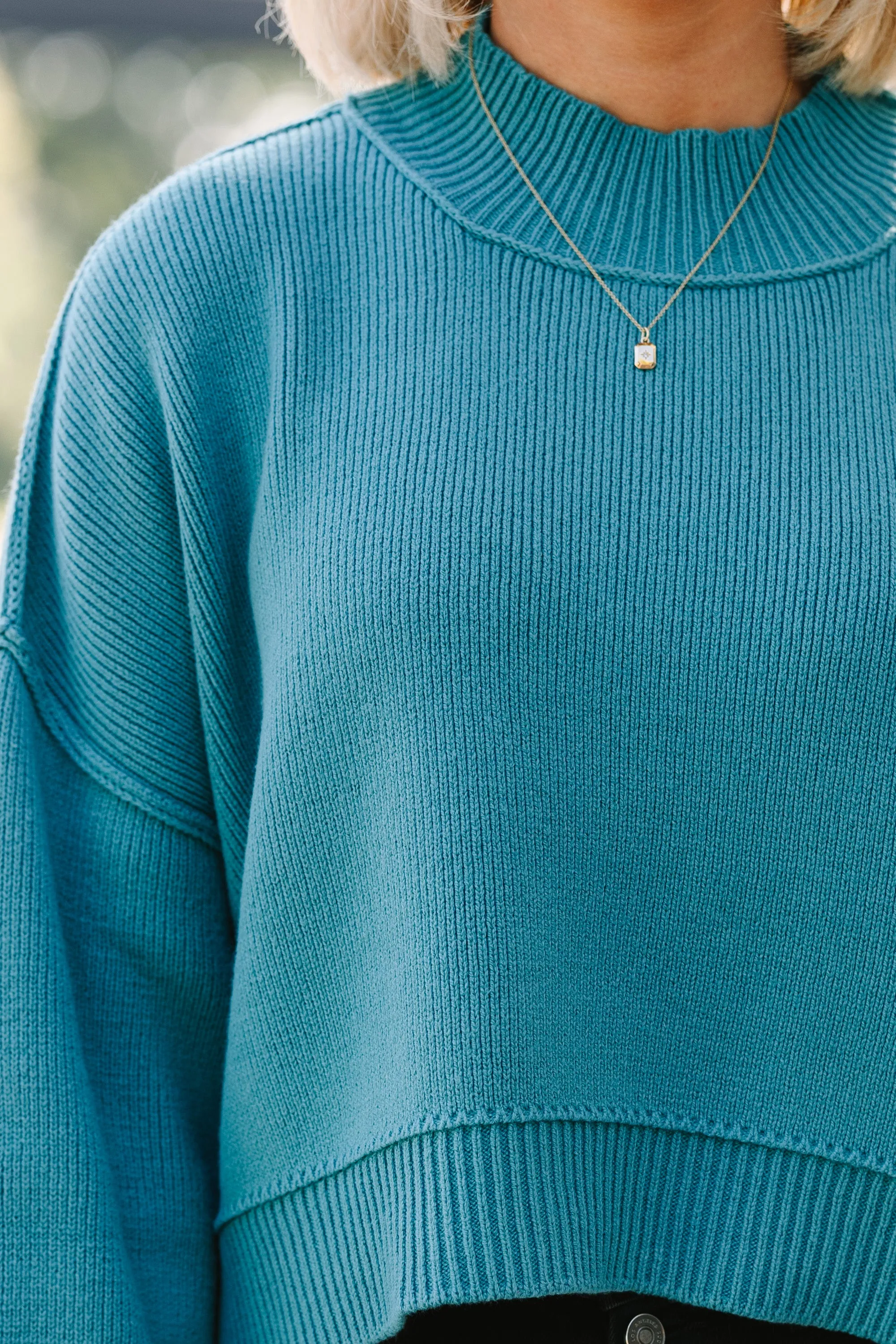 Where I Am Dusty Teal Blue Cropped Sweater