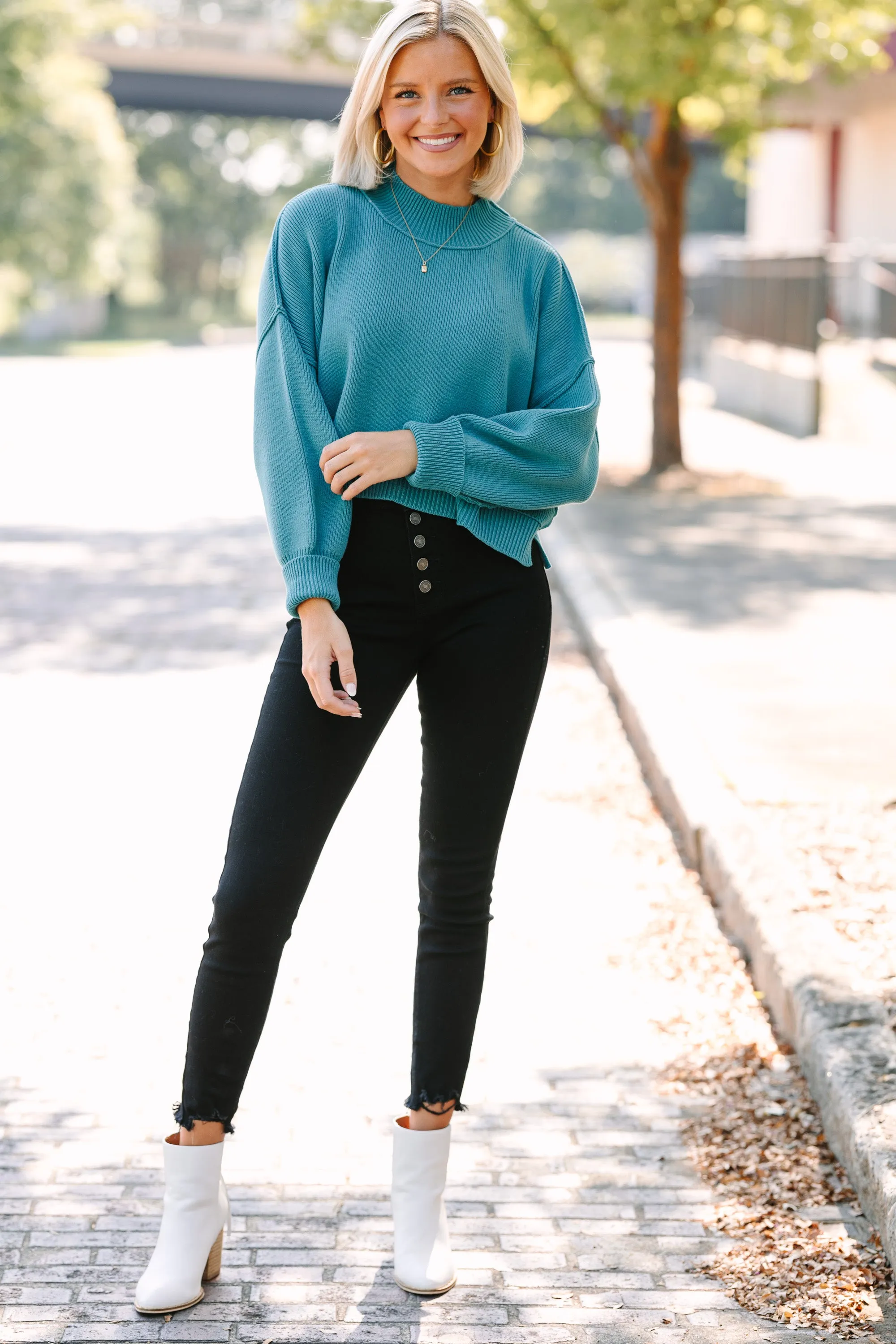 Where I Am Dusty Teal Blue Cropped Sweater