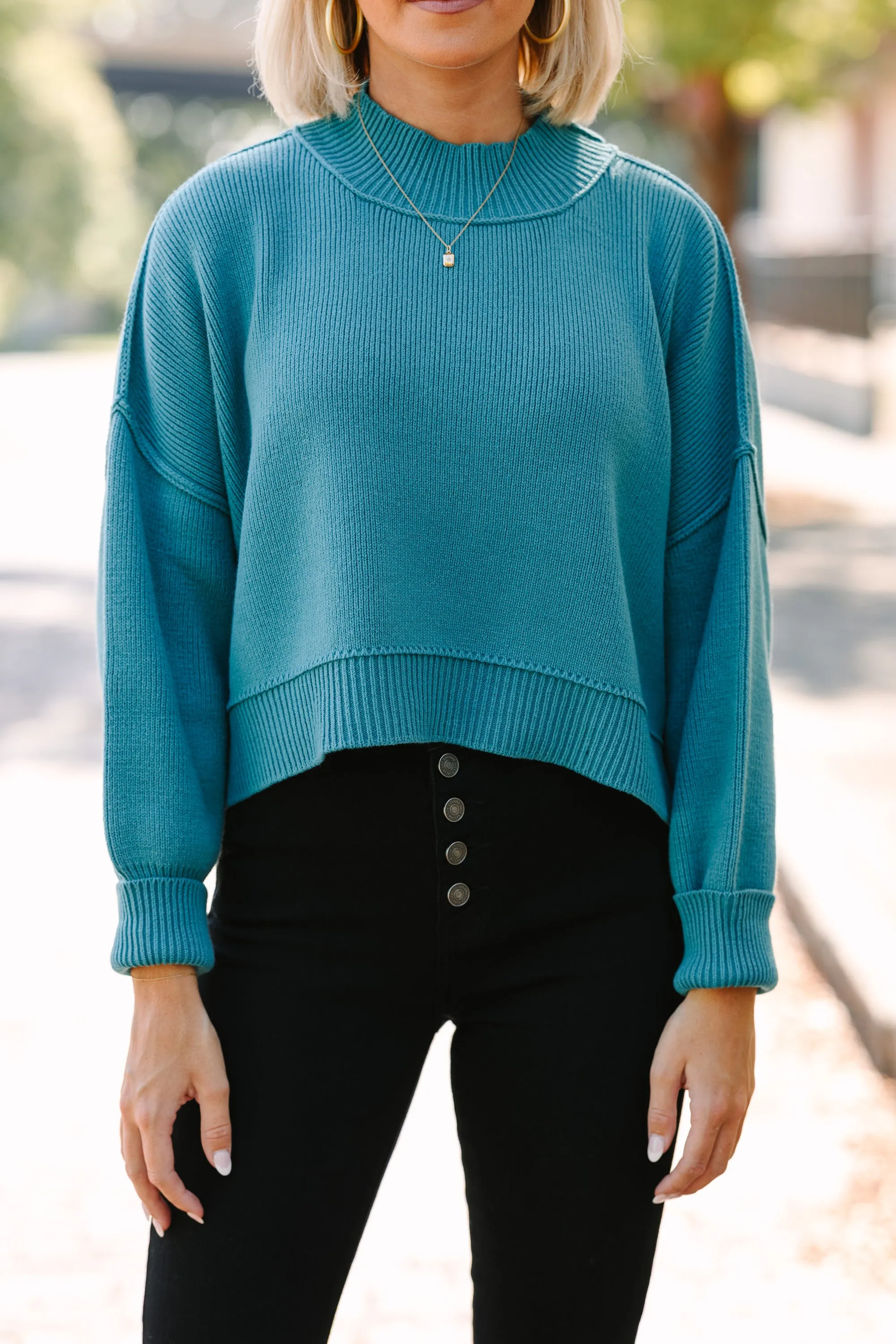 Where I Am Dusty Teal Blue Cropped Sweater