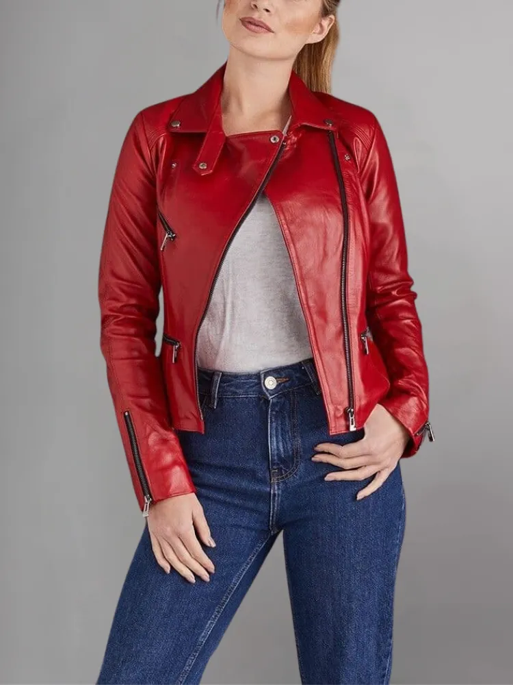 Woman Fashion Red Leather Jacket