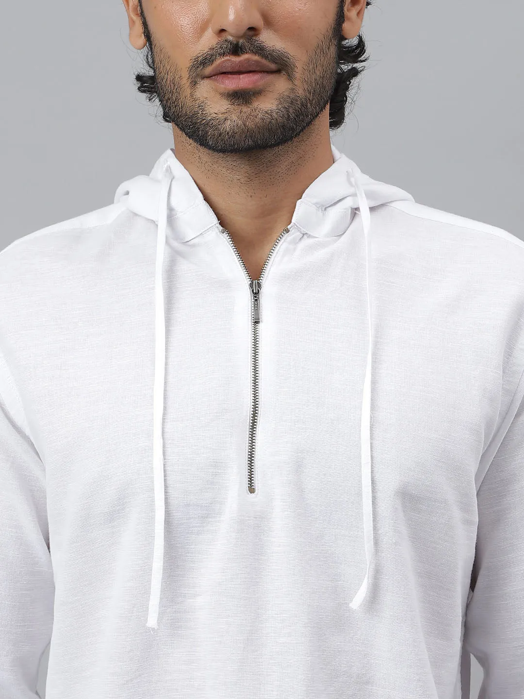 Zipper Collar Linen White Hoodie - Cocoon