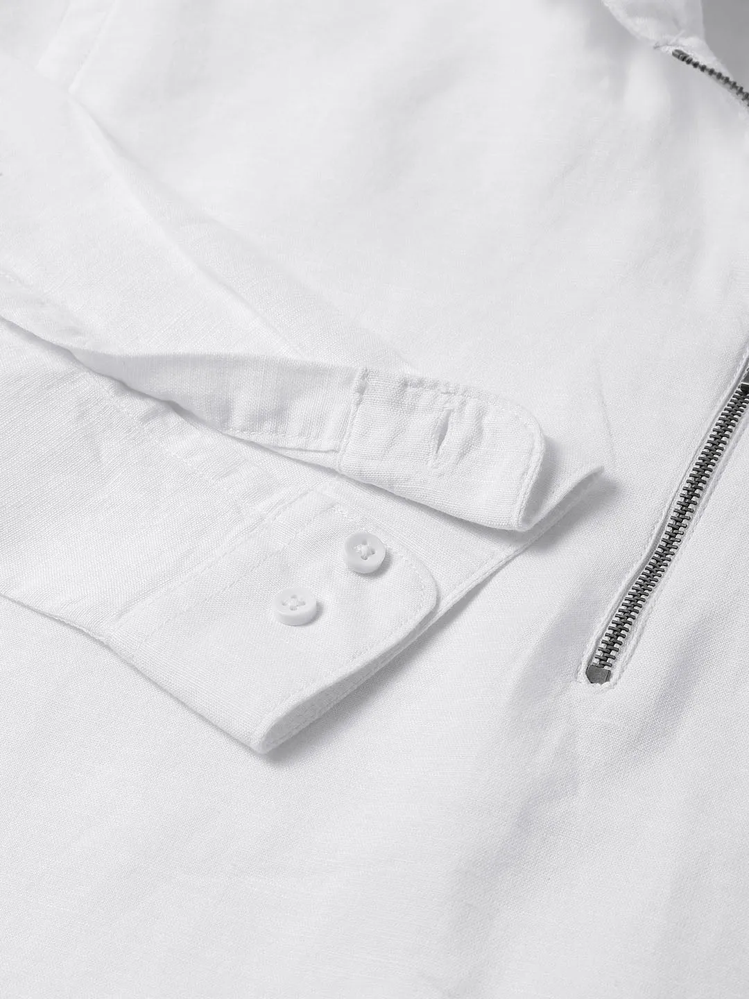 Zipper Collar Linen White Hoodie - Cocoon